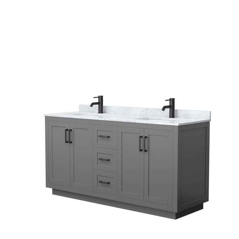 Wyndham Miranda 66" Double Bathroom Vanity In Dark Gray White Carrara Marble Countertop Undermount Square Sinks Matte Black Trim WCF292966DGBCMUNSMXX