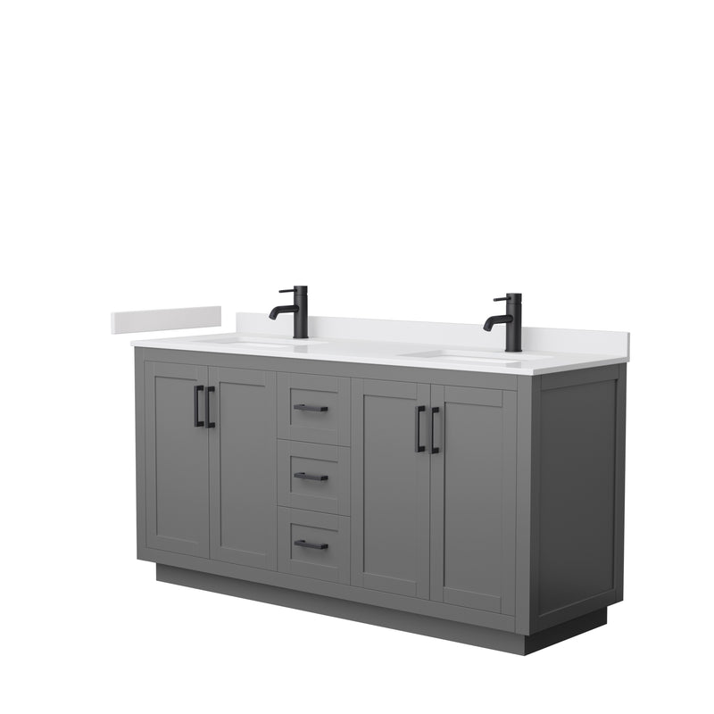 Wyndham Miranda 66" Double Bathroom Vanity In Dark Gray White Cultured Marble Countertop Undermount Square Sinks Matte Black Trim WCF292966DGBWCUNSMXX