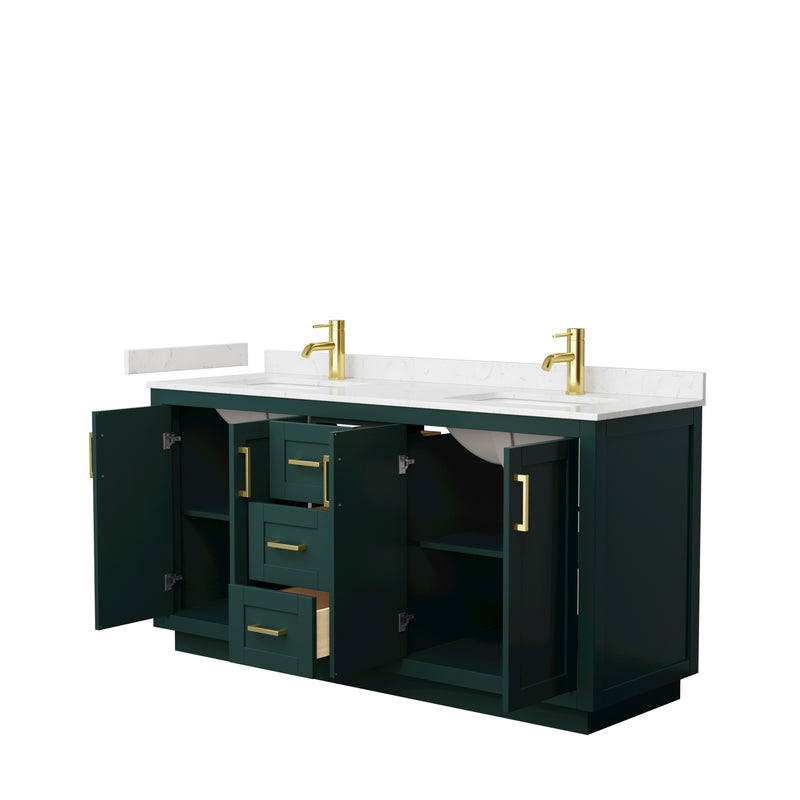 Wyndham Miranda 66" Double Bathroom Vanity In Green Light-Vein Carrara Cultured Marble Countertop Undermount Square Sinks Brushed Gold Trim WCF292966DGDC2UNSMXX