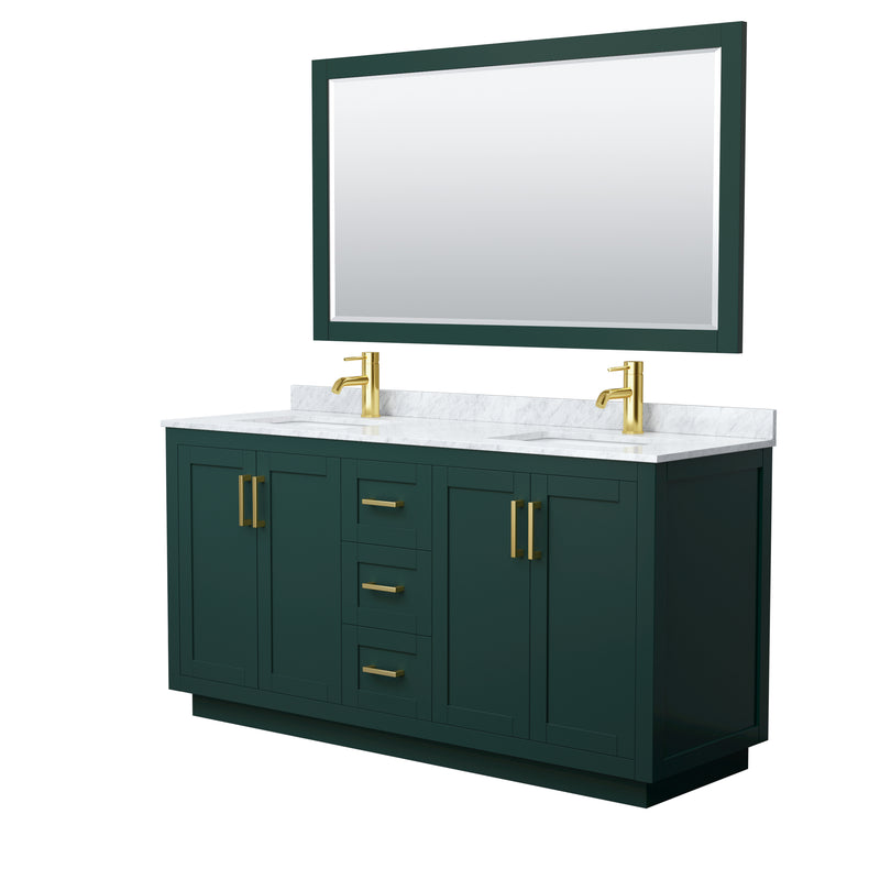 Wyndham Miranda 66" Double Bathroom Vanity In Green White Carrara Marble Countertop Undermount Square Sinks Brushed Gold Trim 58" Mirror WCF292966DGDCMUNSM58