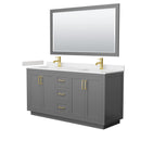 Wyndham Miranda 66" Double Bathroom Vanity In Dark Gray Light-Vein Carrara Cultured Marble Countertop Undermount Square Sinks Brushed Gold Trim 58" Mirror WCF292966DGGC2UNSM58