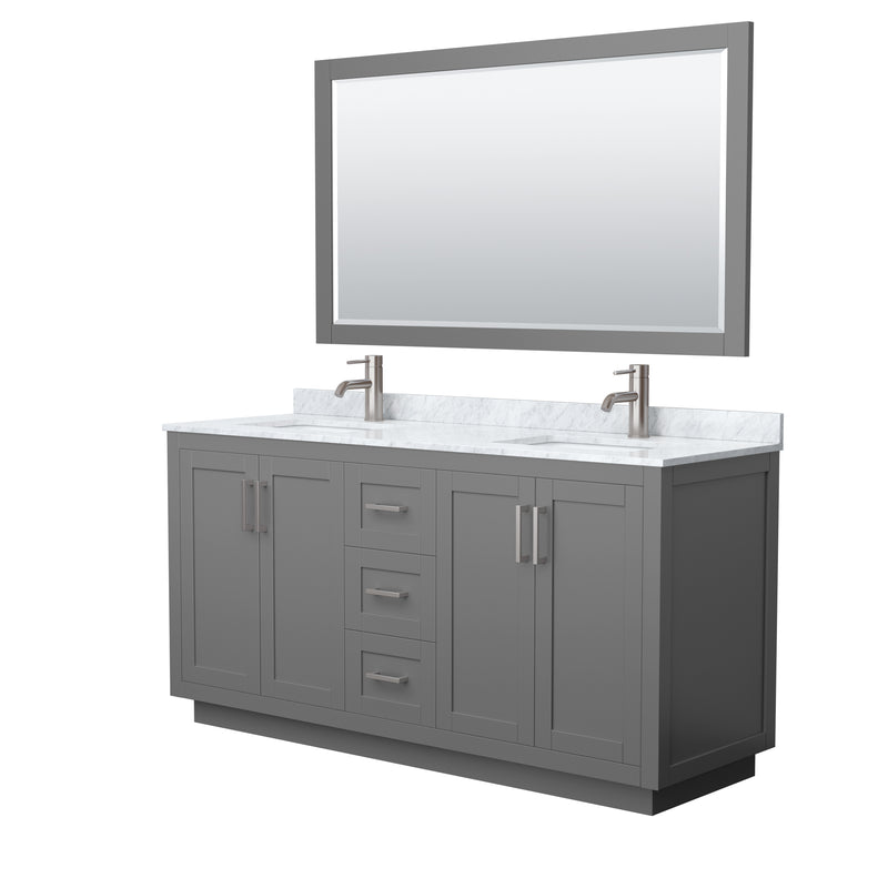 Wyndham Miranda 66" Double Bathroom Vanity In Dark Gray White Carrara Marble Countertop Undermount Square Sinks Brushed Nickel Trim 58" Mirror WCF292966DKGCMUNSM58