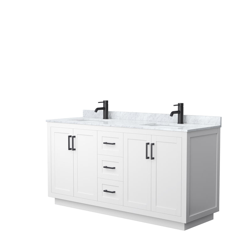 Wyndham Miranda 66" Double Bathroom Vanity In White White Carrara Marble Countertop Undermount Square Sinks Matte Black Trim WCF292966DWBCMUNSMXX