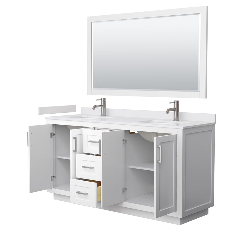 Wyndham Miranda 66" Double Bathroom Vanity In White White Cultured Marble Countertop Undermount Square Sinks Brushed Nickel Trim 58" Mirror WCF292966DWHWCUNSM58