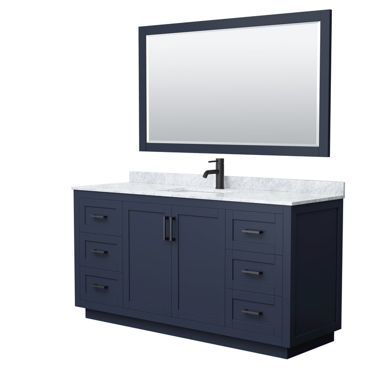 Wyndham Miranda 66" Single Bathroom Vanity In Dark Blue White Carrara Marble Countertop Undermount Square Sink Matte Black Trim 58" Mirror WCF292966SBBCMUNSM58