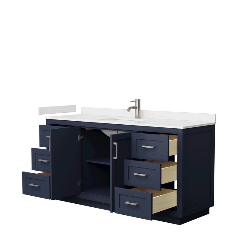 Wyndham Miranda 66" Single Bathroom Vanity In Dark Blue Light-Vein Carrara Cultured Marble Countertop Undermount Square Sink Brushed Nickel Trim WCF292966SBNC2UNSMXX