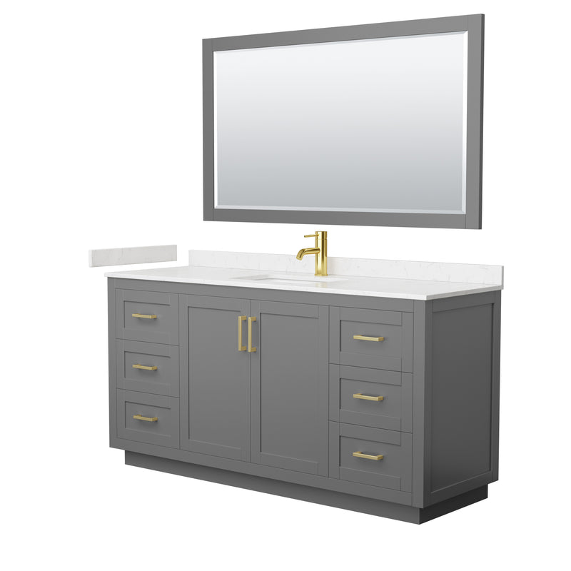 Wyndham Miranda 66" Single Bathroom Vanity In Dark Gray Light-Vein Carrara Cultured Marble Countertop Undermount Square Sink Brushed Gold Trim 58" Mirror WCF292966SGGC2UNSM58