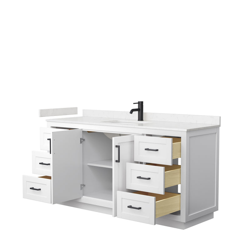 Wyndham Miranda 66" Single Bathroom Vanity In White Light-Vein Carrara Cultured Marble Countertop Undermount Square Sink Matte Black Trim WCF292966SWBC2UNSMXX