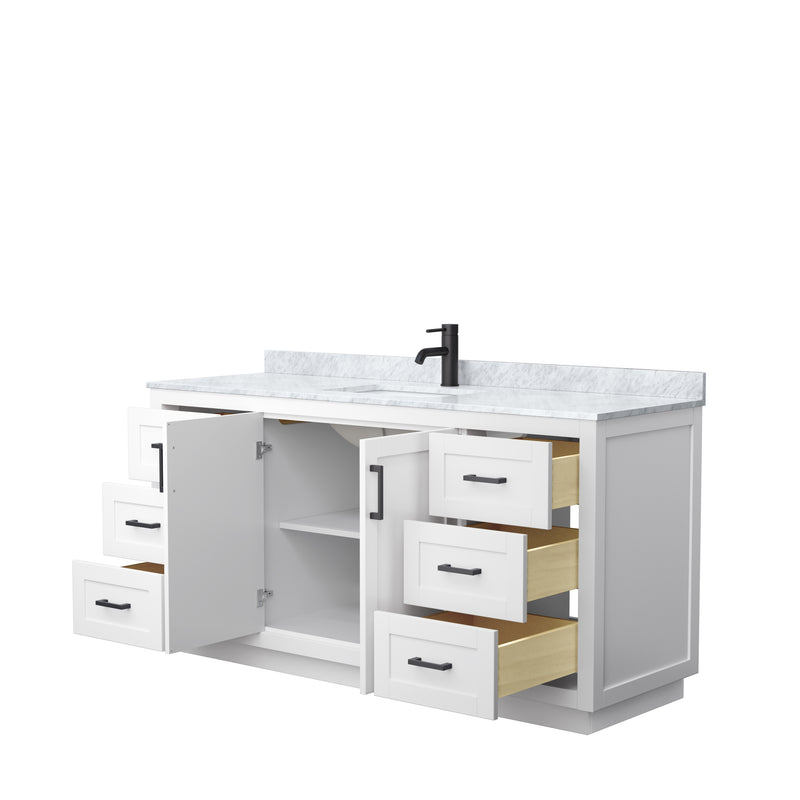 Wyndham Miranda 66" Single Bathroom Vanity In White White Carrara Marble Countertop Undermount Square Sink Matte Black Trim WCF292966SWBCMUNSMXX