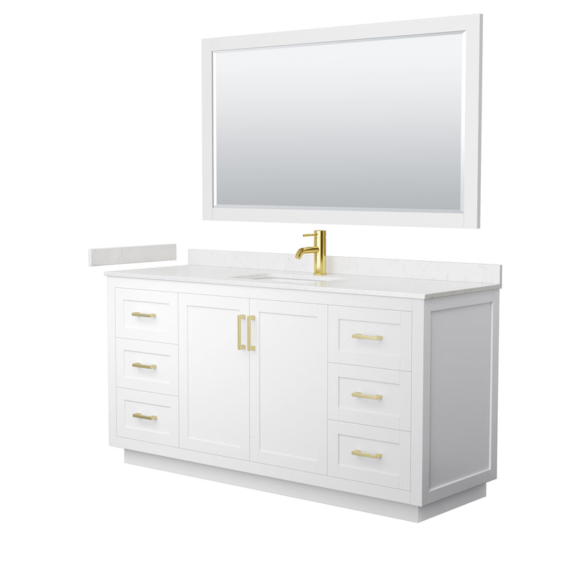 Wyndham Miranda 66" Single Bathroom Vanity In White Light-Vein Carrara Cultured Marble Countertop Undermount Square Sink Brushed Gold Trim 58" Mirror WCF292966SWGC2UNSM58