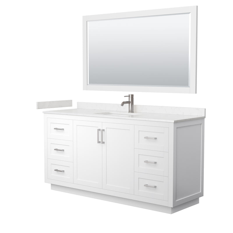 Wyndham Miranda 66" Single Bathroom Vanity In White Light-Vein Carrara Cultured Marble Countertop Undermount Square Sink Brushed Nickel Trim 58" Mirror WCF292966SWHC2UNSM58