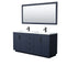 Wyndham Miranda 72" Double Bathroom Vanity In Dark Blue Matte White Solid Surface In 1.25" Thickness Integrated Sinks Black Trims And 70" Mirror WCF292972DBBK1INTM70