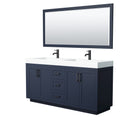 Wyndham Miranda 72" Double Bathroom Vanity In Dark Blue Matte White Solid Surface In 4" Thickness Integrated Sinks Black Trims And 70" Mirror WCF292972DBBK4INTM70