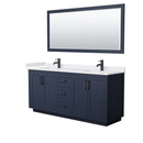 Wyndham Miranda 72" Double Bathroom Vanity In Dark Blue White Cultured Marble Countertop Undermount Square Sinks Black Trims And 70" Mirror WCF292972DBBWCUNSM70