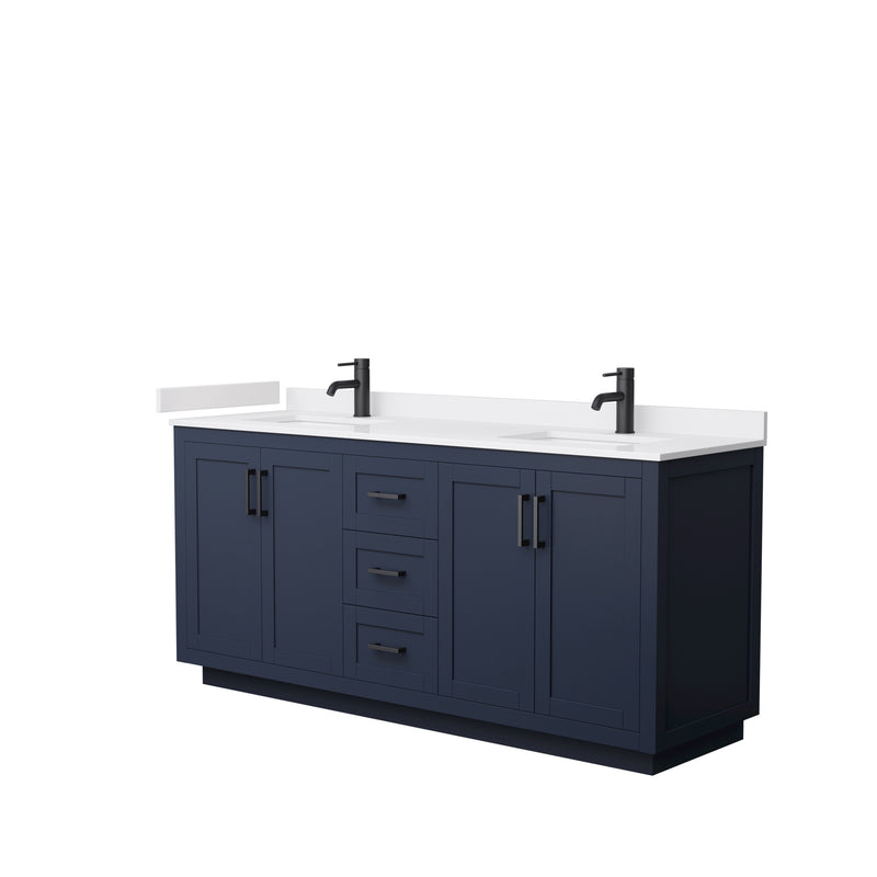 Wyndham Miranda 72" Double Bathroom Vanity In Dark Blue White Cultured Marble Countertop Undermount Square Sinks Black Trims And No Mirror WCF292972DBBWCUNSMXX