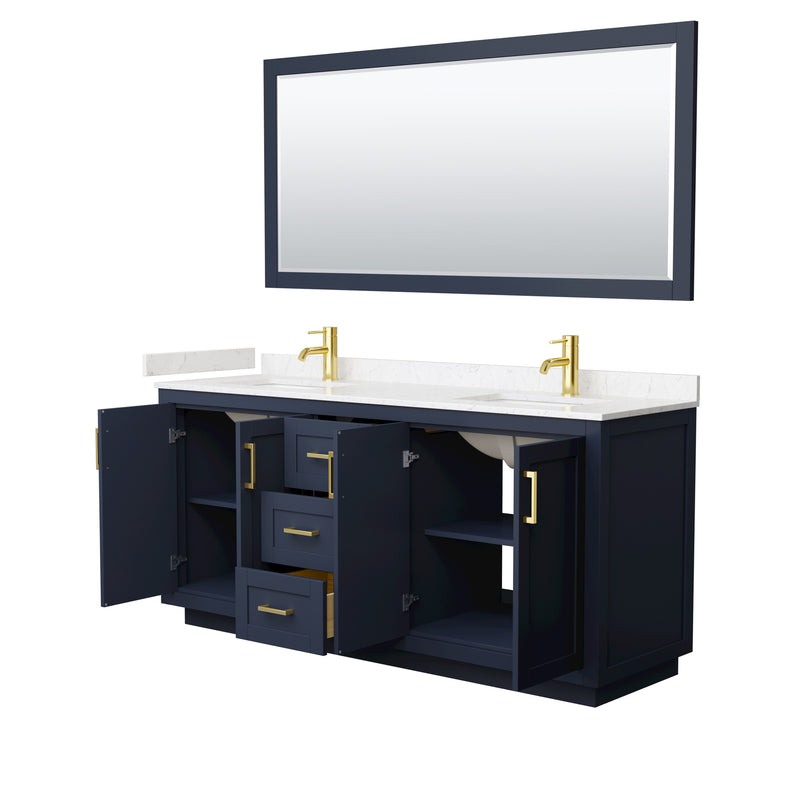 Wyndham Miranda 72" Double Bathroom Vanity In Dark Blue Light-Vein Carrara Cultured Marble Countertop Undermount Square Sinks Brushed Gold Trims and 70" Mir WCF292972DBLC2UNSM70