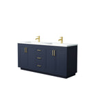 Wyndham Miranda 72" Double Bathroom Vanity In Dark Blue Matte White Solid Surface In 1.25" Thickness Integrated Sinks Brushed Gold Trims And No Mirror WCF292972DBLK1INTMXX