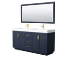 Wyndham Miranda 72" Double Bathroom Vanity In Dark Blue Matte White Solid Surface In 4" Thickness Integrated Sinks Brushed Gold Trims And 70" Mirror WCF292972DBLK4INTM70