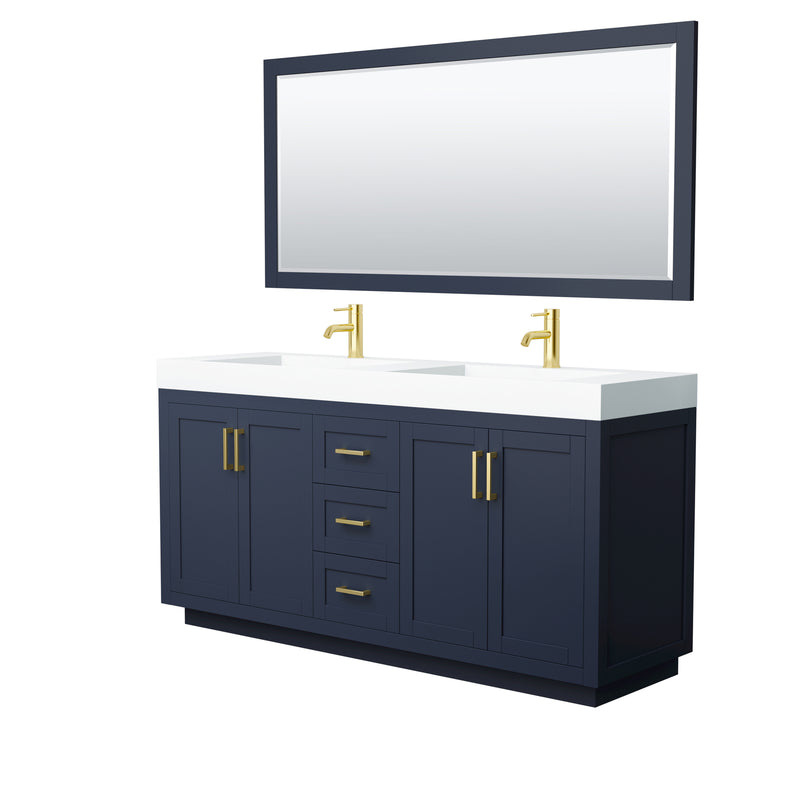 Wyndham Miranda 72" Double Bathroom Vanity In Dark Blue Matte White Solid Surface In 4" Thickness Integrated Sinks Brushed Gold Trims And 70" Mirror WCF292972DBLK4INTM70