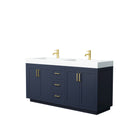 Wyndham Miranda 72" Double Bathroom Vanity In Dark Blue Matte White Solid Surface In 4" Thickness Integrated Sinks Brushed Gold Trims And No Mirror WCF292972DBLK4INTMXX