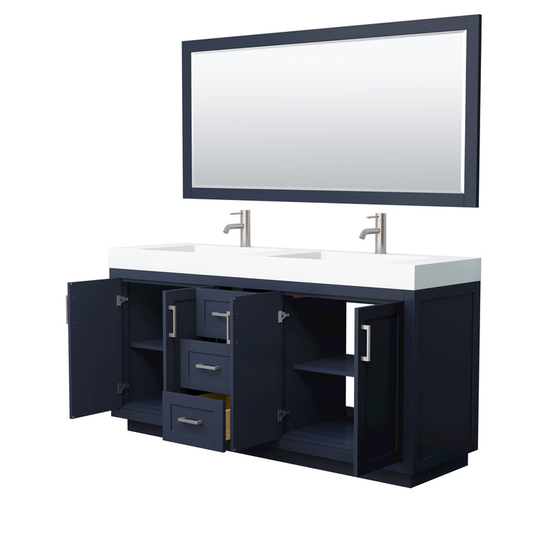 Wyndham Miranda 72" Double Bathroom Vanity In Dark Blue Matte White Solid Surface In 4" Thickness Integrated Sinks Brushed Nickel Trims and 70" Mirror WCF292972DBNK4INTM70