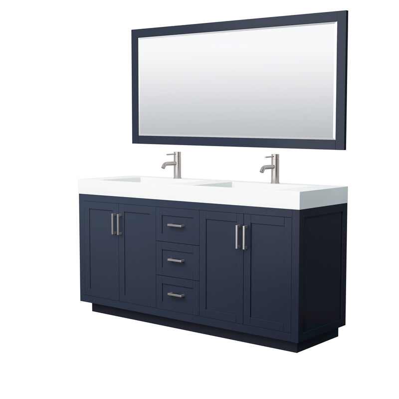 Wyndham Miranda 72" Double Bathroom Vanity In Dark Blue Matte White Solid Surface In 4" Thickness Integrated Sinks Brushed Nickel Trims And 70" Mirror WCF292972DBNK4INTM70