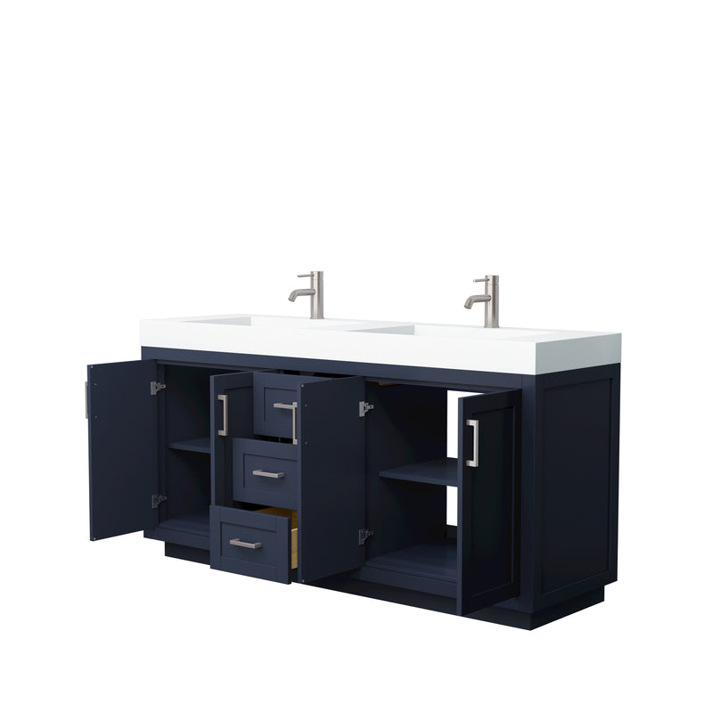 Wyndham Miranda 72" Double Bathroom Vanity In Dark Blue Matte White Solid Surface In 4" Thickness Integrated Sinks Brushed Nickel Trims and No Mirror WCF292972DBNK4INTMXX