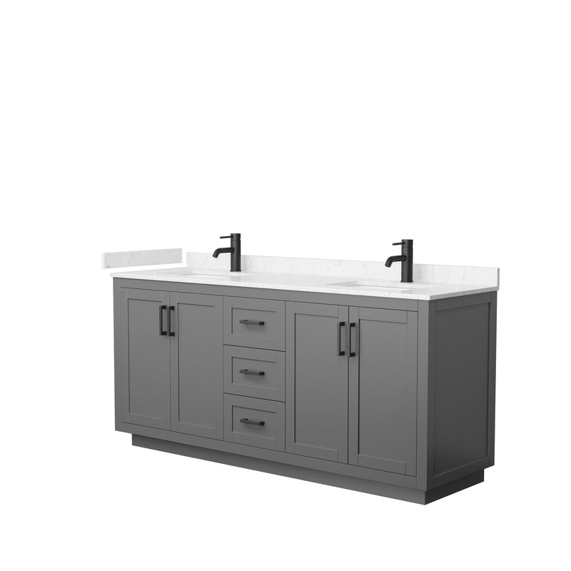 Wyndham Miranda 72" Double Bathroom Vanity In Dark Gray Light-Vein Carrara Cultured Marble Countertop Undermount Square Sinks Black Trims And No Mirror WCF292972DGBC2UNSMXX