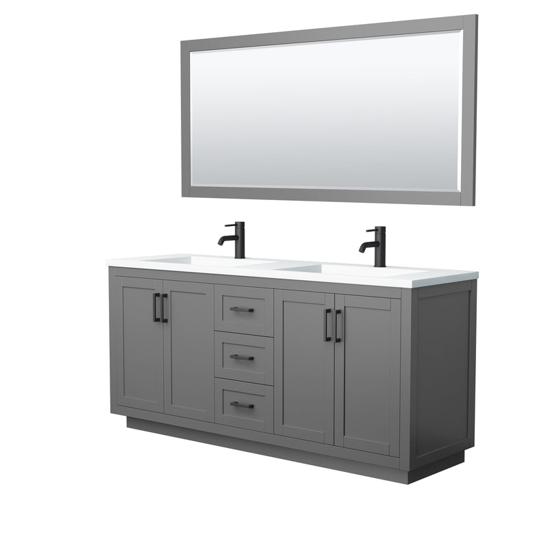 Wyndham Miranda 72" Double Bathroom Vanity In Dark Gray Matte White Solid Surface In 1.25" Thickness Integrated Sinks Black Trims And 70" Mirror WCF292972DGBK1INTM70