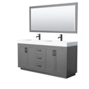 Wyndham Miranda 72" Double Bathroom Vanity In Dark Gray Matte White Solid Surface In 4" Thickness Integrated Sinks Black Trims And 70" Mirror WCF292972DGBK4INTM70