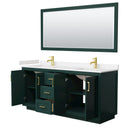 Wyndham Miranda 72" Double Bathroom Vanity In Green Light-Vein Carrara Cultured Marble Countertop Undermount Square Sinks Brushed Gold Trim 70" Mirror WCF292972DGDC2UNSM70