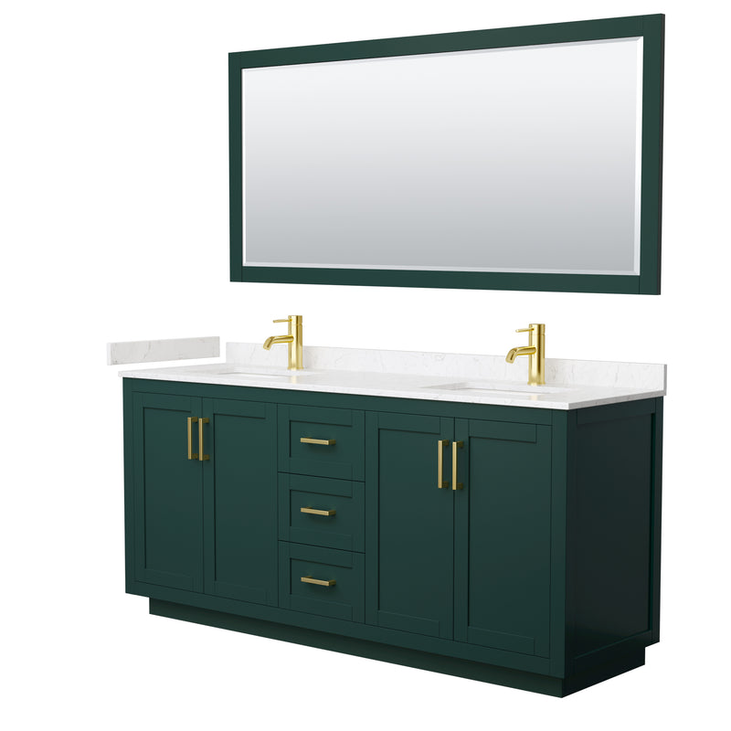 Wyndham Miranda 72" Double Bathroom Vanity In Green Light-Vein Carrara Cultured Marble Countertop Undermount Square Sinks Brushed Gold Trim 70" Mirror WCF292972DGDC2UNSM70