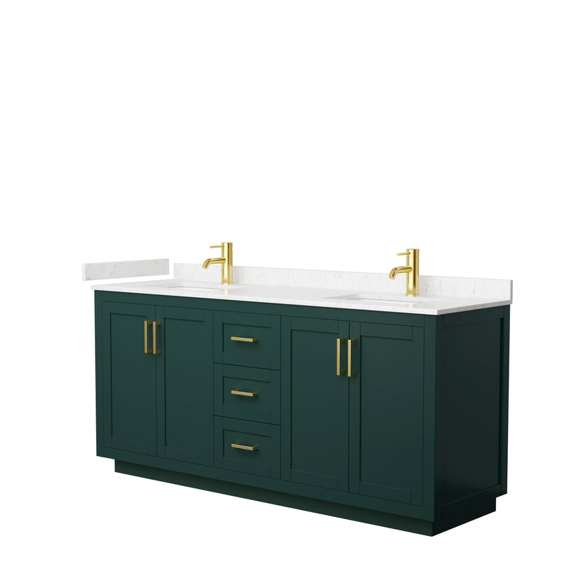 Wyndham Miranda 72" Double Bathroom Vanity In Green Light-Vein Carrara Cultured Marble Countertop Undermount Square Sinks Brushed Gold Trim WCF292972DGDC2UNSMXX