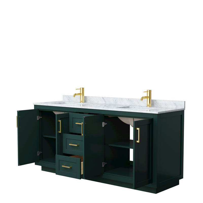 Wyndham Miranda 72" Double Bathroom Vanity In Green White Carrara Marble Countertop Undermount Square Sinks Brushed Gold Trim WCF292972DGDCMUNSMXX