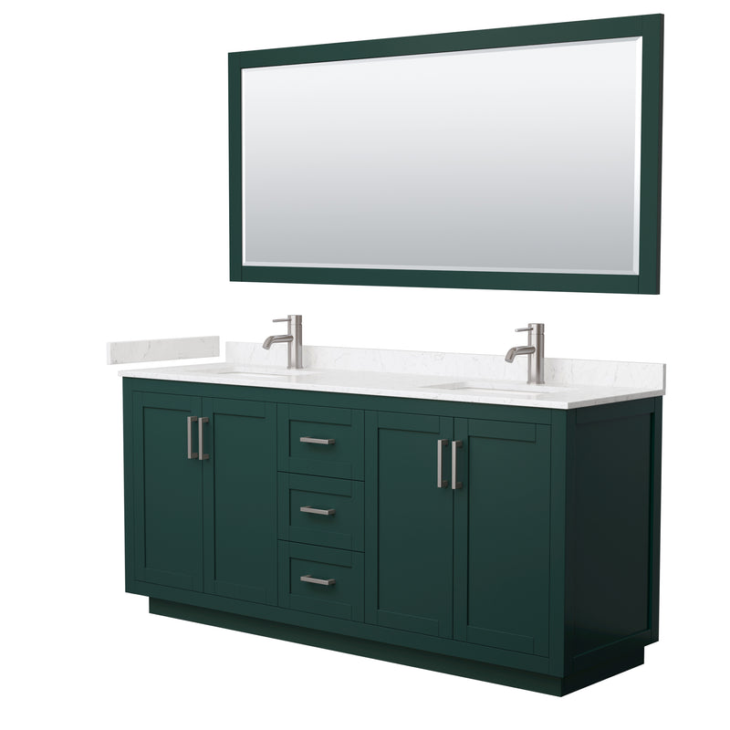 Wyndham Miranda 72" Double Bathroom Vanity In Green Light-Vein Carrara Cultured Marble Countertop Undermount Square Sinks Brushed Nickel Trim 70" Mirror WCF292972DGEC2UNSM70