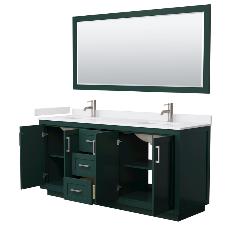 Wyndham Miranda 72" Double Bathroom Vanity In Green White Cultured Marble Countertop Undermount Square Sinks Brushed Nickel Trim 70" Mirror WCF292972DGEWCUNSM70