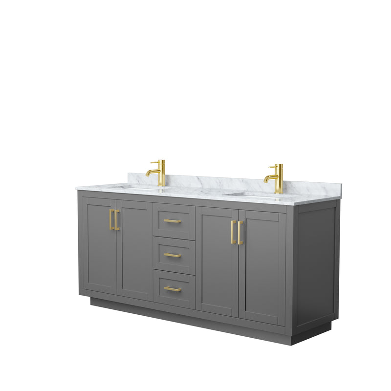 Wyndham Miranda 72" Double Bathroom Vanity In Dark Gray White Carrara Marble Countertop Undermount Square Sinks Brushed Gold Trims And No Mirror WCF292972DGGCMUNSMXX