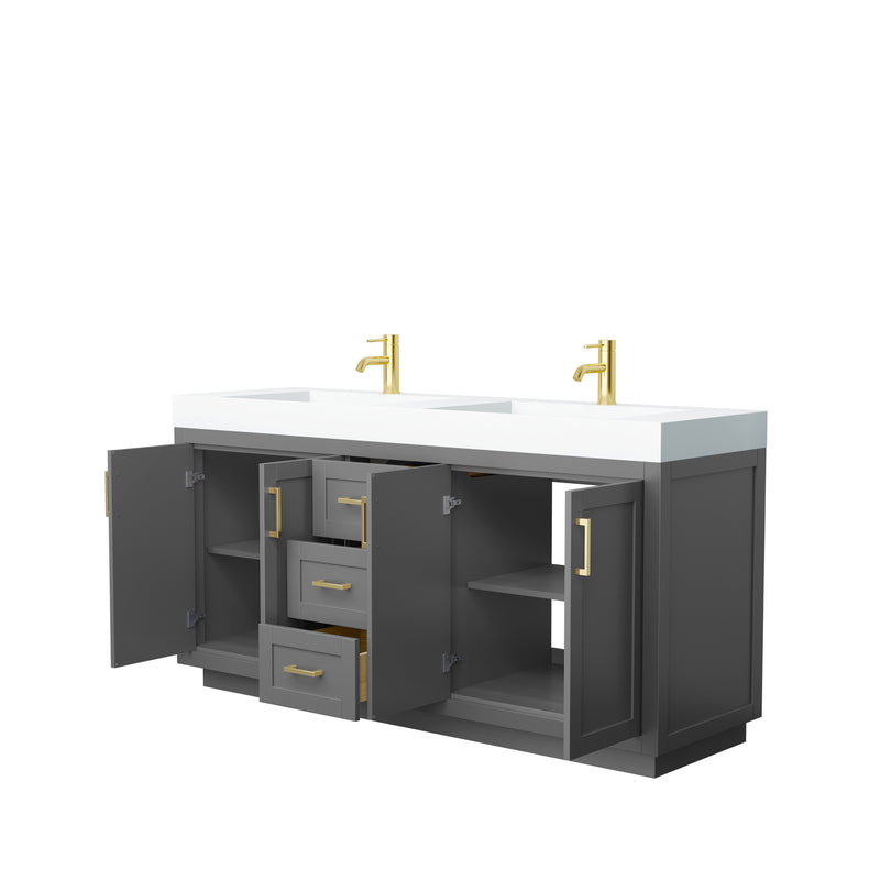 Wyndham Miranda 72" Double Bathroom Vanity In Dark Gray Matte White Solid Surface In 4" Thickness Integrated Sinks Brushed Gold Trims and No Mirror WCF292972DGGK4INTMXX