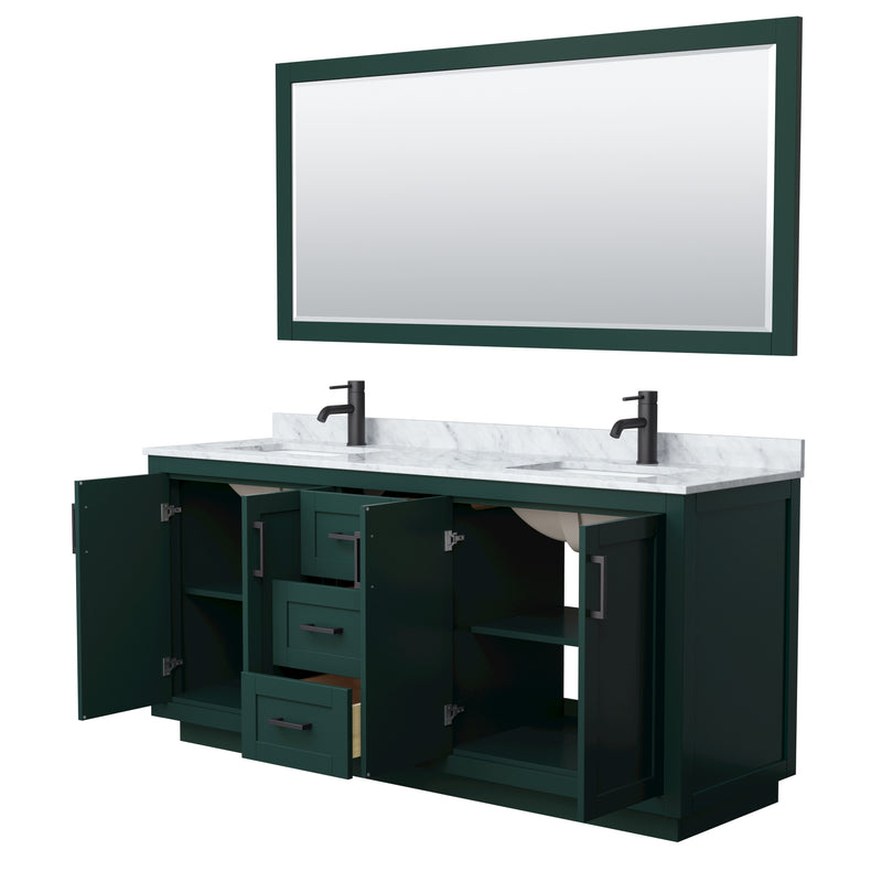 Wyndham Miranda 72" Double Bathroom Vanity In Green White Carrara Marble Countertop Undermount Square Sinks Matte Black Trim 70" Mirror WCF292972DGKCMUNSM70