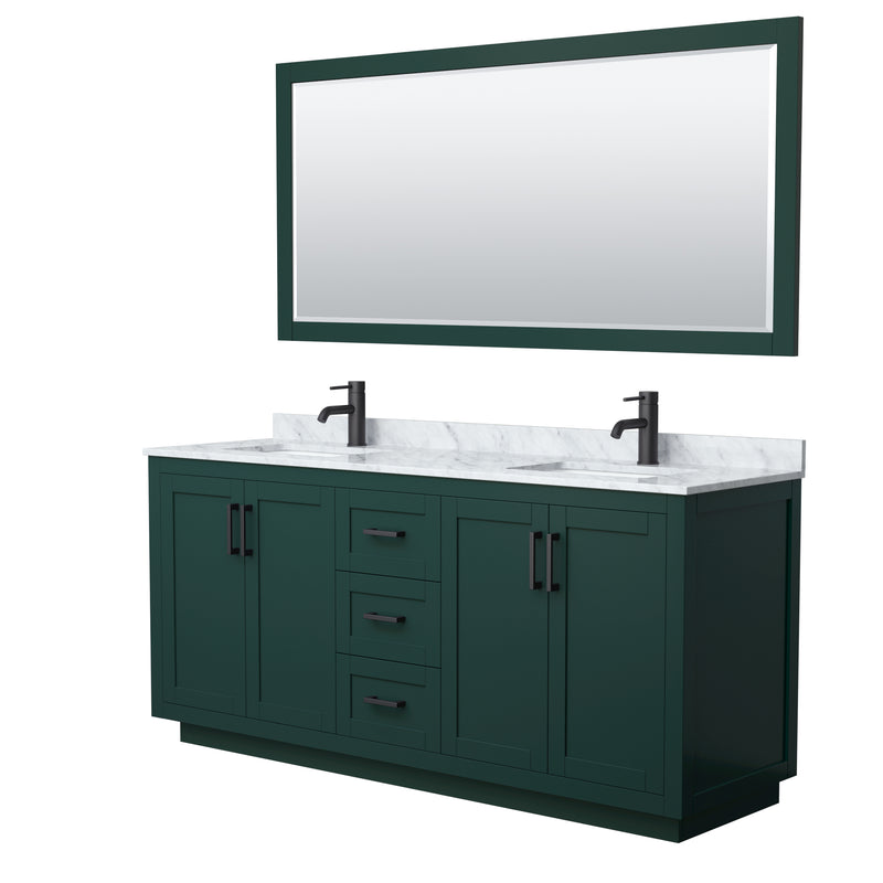 Wyndham Miranda 72" Double Bathroom Vanity In Green White Carrara Marble Countertop Undermount Square Sinks Matte Black Trim 70" Mirror WCF292972DGKCMUNSM70