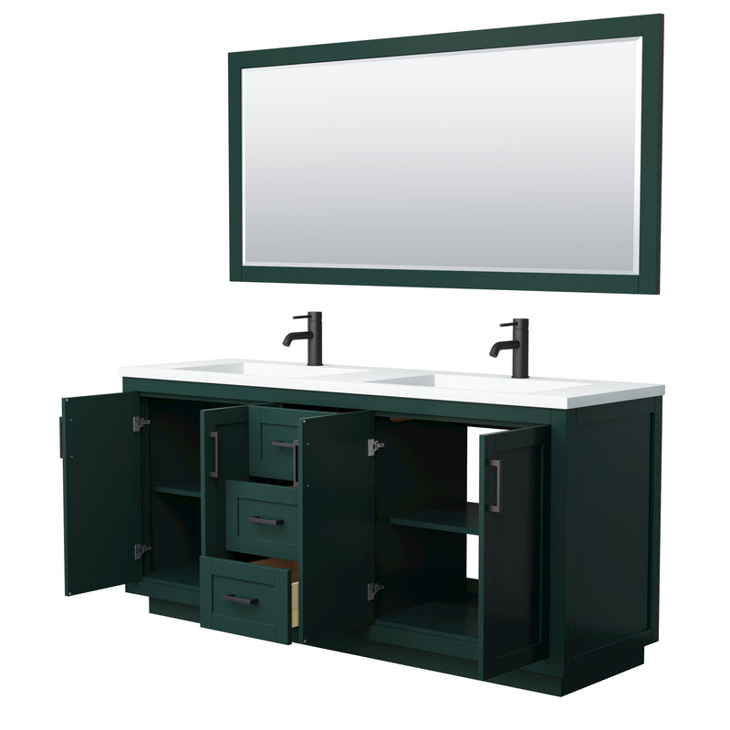 Wyndham Miranda 72" Double Bathroom Vanity In Green 1.25" Thick Matte White Solid Surface Countertop Integrated Sinks Matte Black Trim 70" Mirror WCF292972DGKK1INTM70