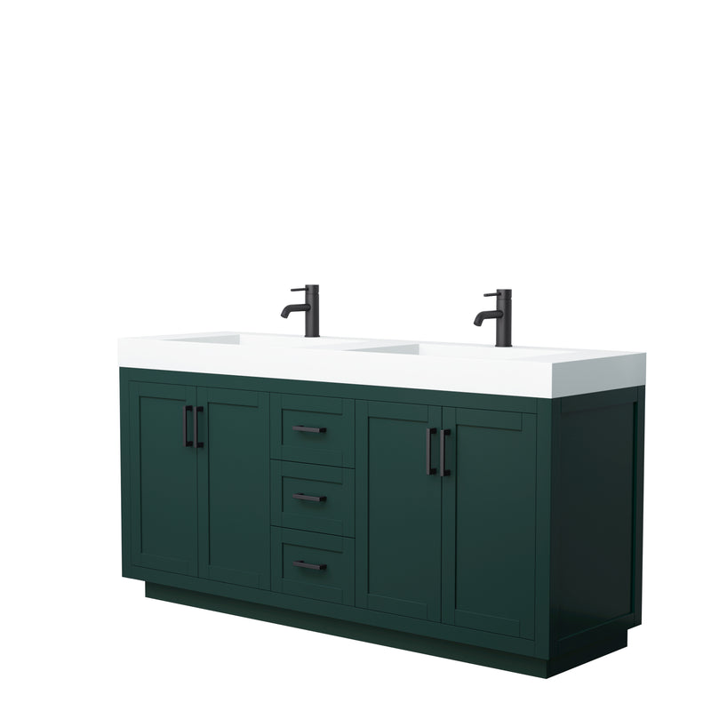 Wyndham Miranda 72" Double Bathroom Vanity In Green 4" Thick Matte White Solid Surface Countertop Integrated Sinks Matte Black Trim WCF292972DGKK4INTMXX