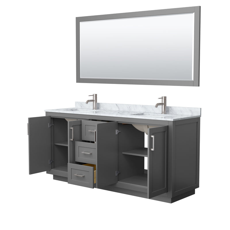 Wyndham Miranda 72" Double Bathroom Vanity In Dark Gray White Carrara Marble Countertop Undermount Square Sinks Brushed Nickel Trims and 70" Mirror WCF292972DKGCMUNSM70