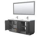 Wyndham Miranda 72" Double Bathroom Vanity In Dark Gray Matte White Solid Surface In 1.25" Thickness Integrated Sinks Brushed Nickel Trims and 70" Mirror WCF292972DKGK1INTM70