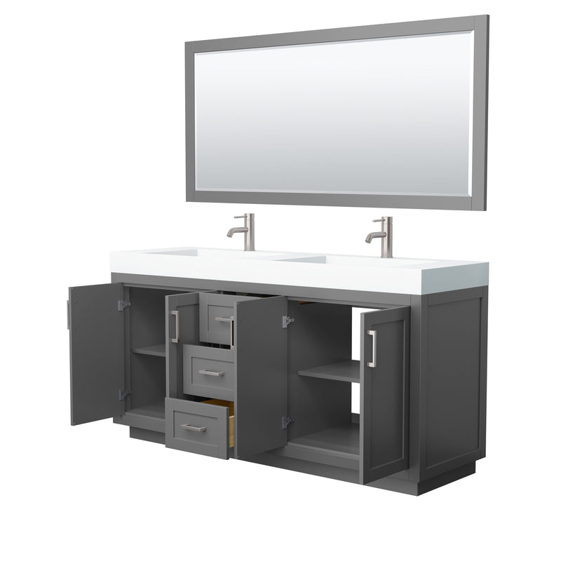 Wyndham Miranda 72" Double Bathroom Vanity In Dark Gray Matte White Solid Surface In 4" Thickness Integrated Sinks Brushed Nickel Trims and 70" Mirror WCF292972DKGK4INTM70