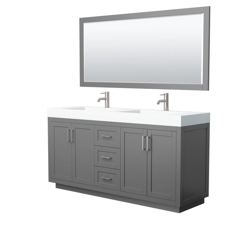 Wyndham Miranda 72" Double Bathroom Vanity In Dark Gray Matte White Solid Surface In 4" Thickness Integrated Sinks Brushed Nickel Trims And 70" Mirror WCF292972DKGK4INTM70