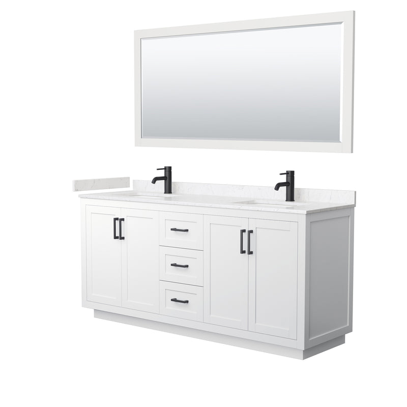 Wyndham Miranda 72" Double Bathroom Vanity In White Light-Vein Carrara Cultured Marble Countertop Undermount Square Sinks Black Trims And 70" Mirror WCF292972DWBC2UNSM70