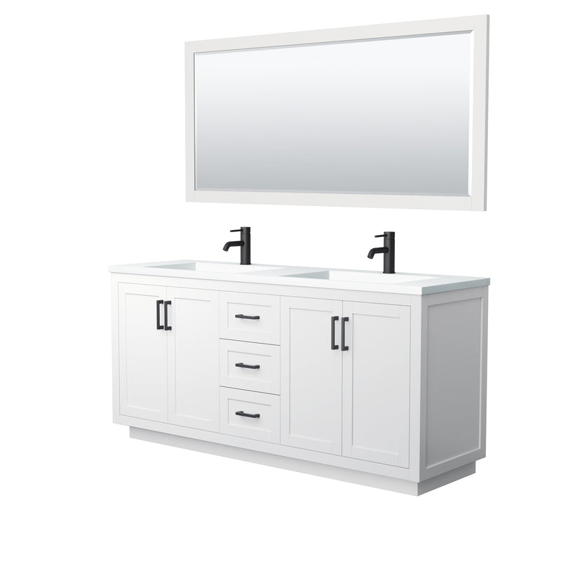 Wyndham Miranda 72" Double Bathroom Vanity In White Matte White Solid Surface In 1.25" Thickness Integrated Sinks Black Trims And 70" Mirror WCF292972DWBK1INTM70