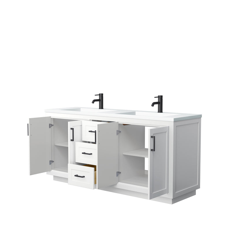 Wyndham Miranda 72" Double Bathroom Vanity In White Matte White Solid Surface In 1.25" Thickness Integrated Sinks Black Trims and No Mirror WCF292972DWBK1INTMXX