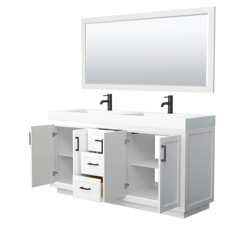 Wyndham Miranda 72" Double Bathroom Vanity In White Matte White Solid Surface In 4" Thickness Integrated Sinks Black Trims and 70" Mirror WCF292972DWBK4INTM70